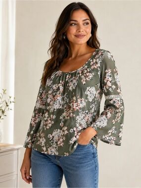 Women’s Olive Green Floral Scoop-Neck Top